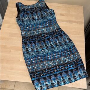 White‎ House Black Market Blue and Black Geometric Midi Dress
